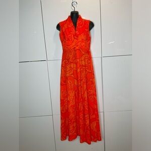 1970s Hawaiin Maxi Dress Ruffle Sleeveless V Neck Vintage Sz 6 Small Orange